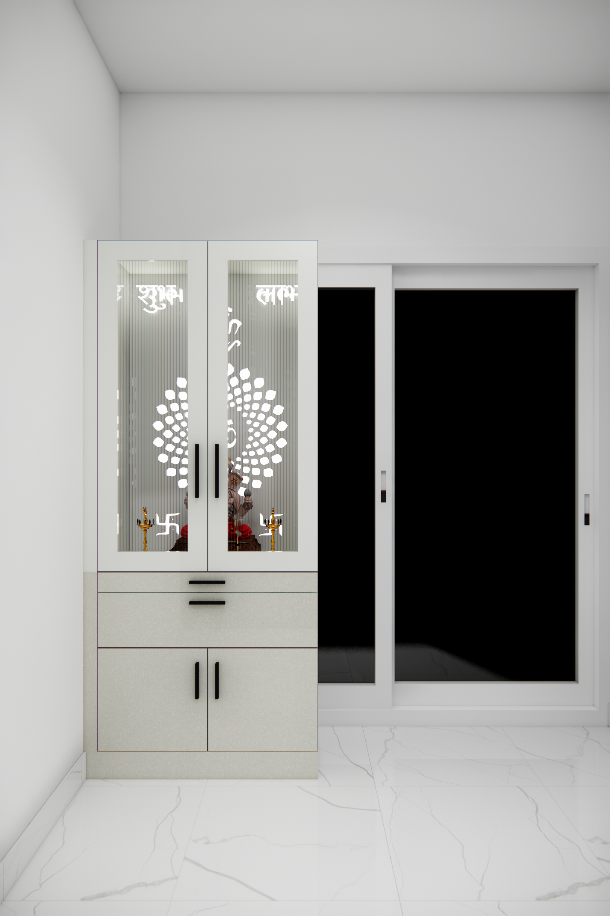 Modern Indian Pooja Unit with Backlit Jaali Doors