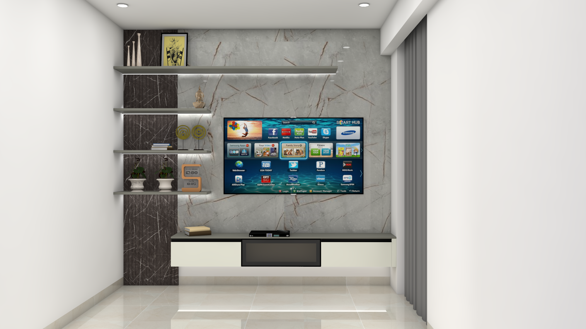 Modern TV Unit with Dual Marble Finish and LED Shelving