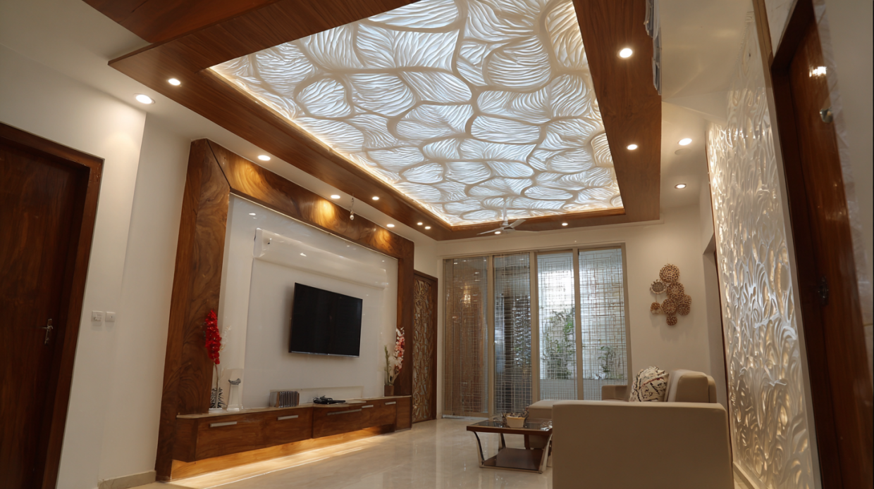3D Backlit Sculptural False Ceiling with Organic Leaf Pattern