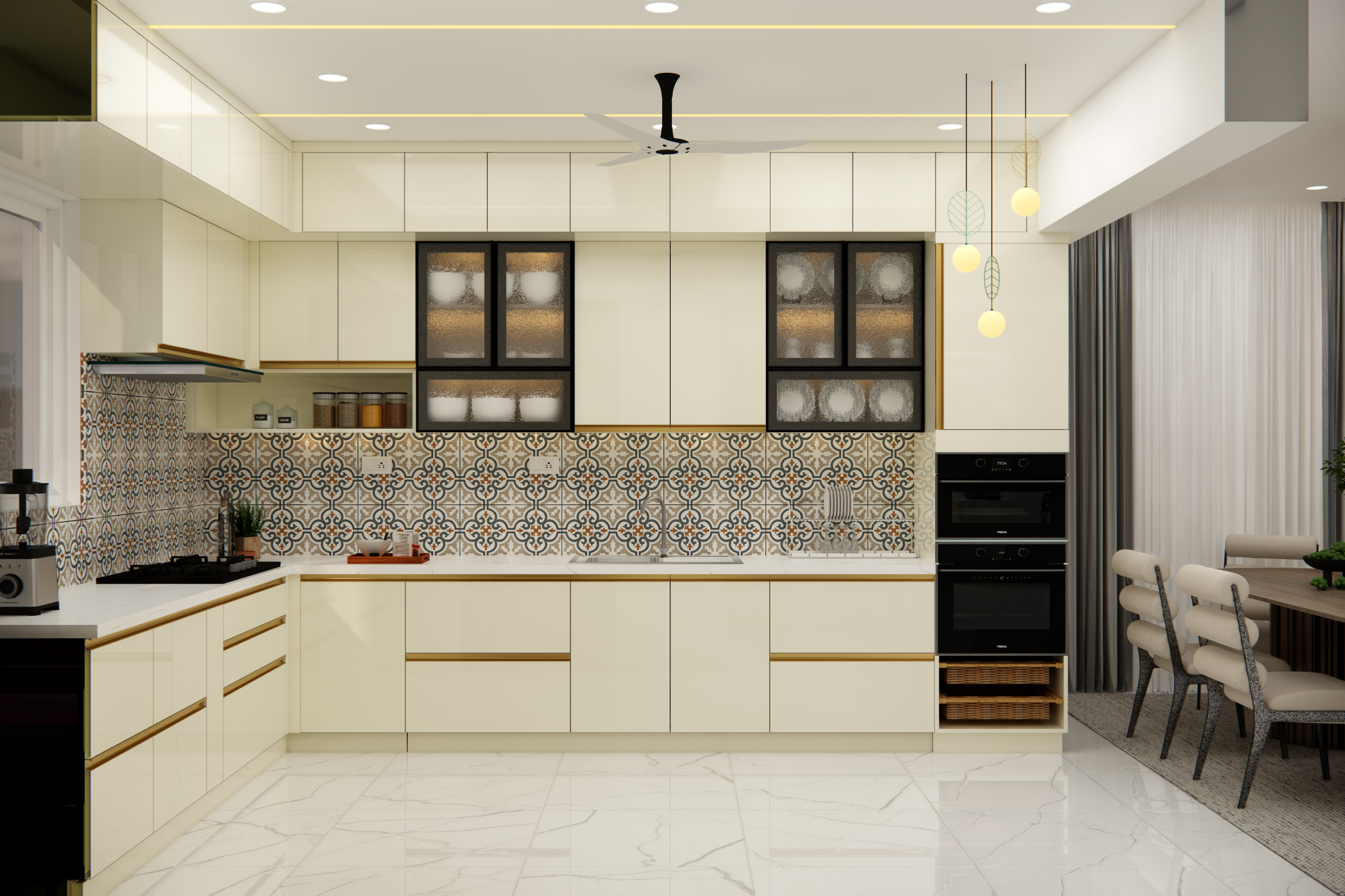 Indian Fusion L-Shaped Kitchen with Cream Cabinets
