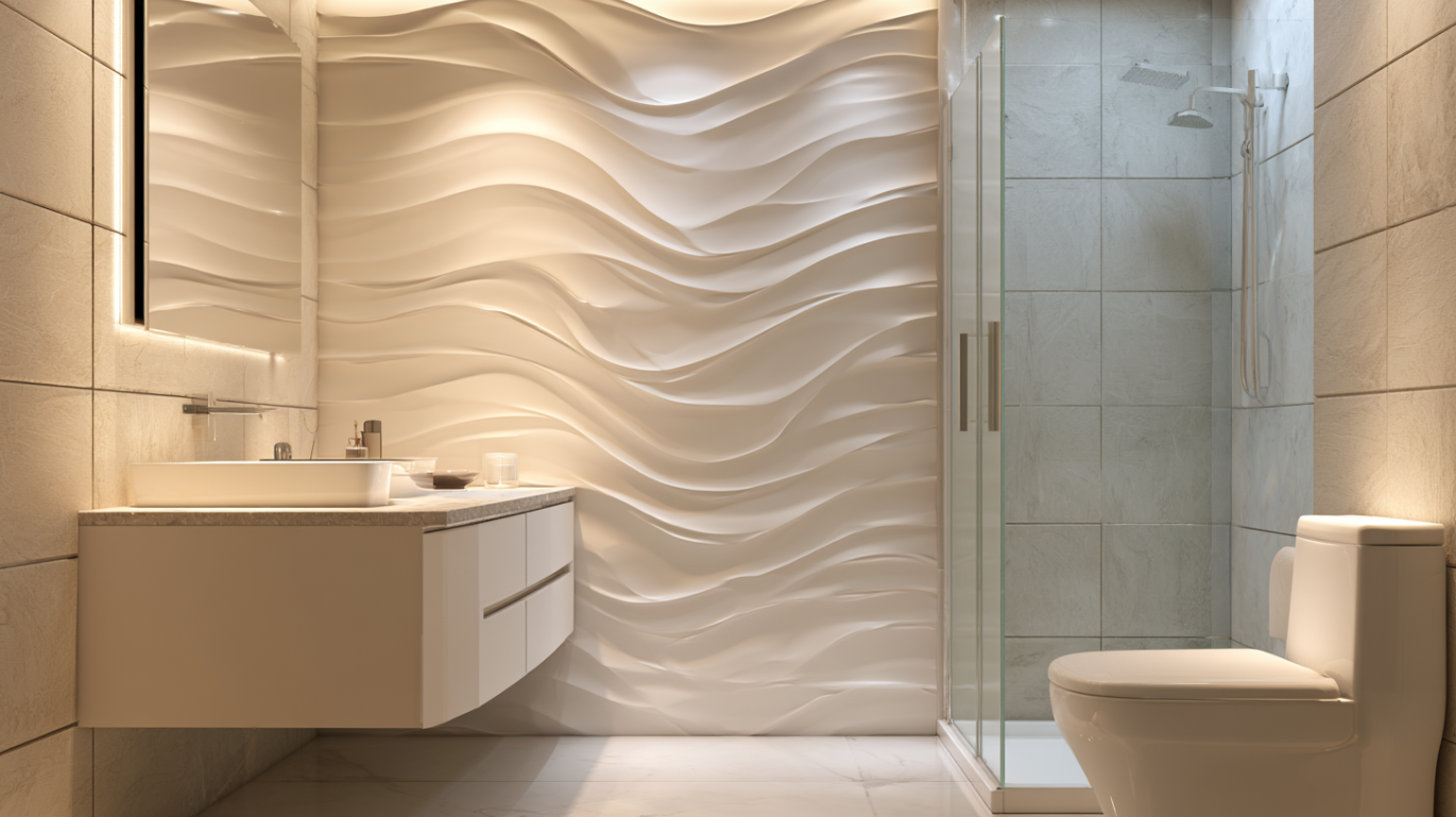 Bathroom Wallpaper Design with White Wave Patterns