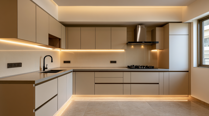 Beige Modular Kitchen Design with Toe-Kick Strip Lighting