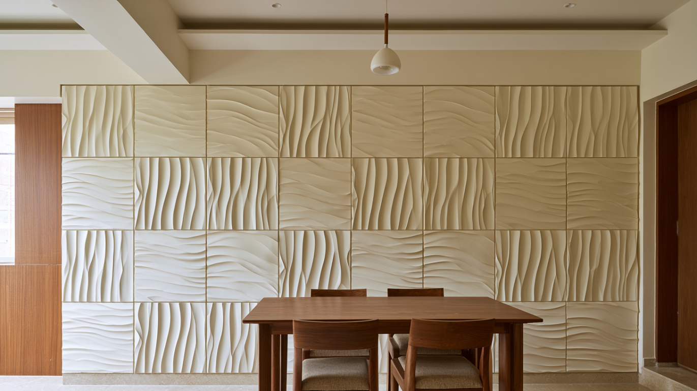 Beige Wave Pattern 3D Wall Panel Design behind Dining Table