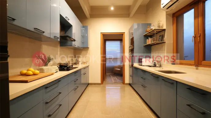 Blue Parallel Kitchen Design with Glossy Cabinets