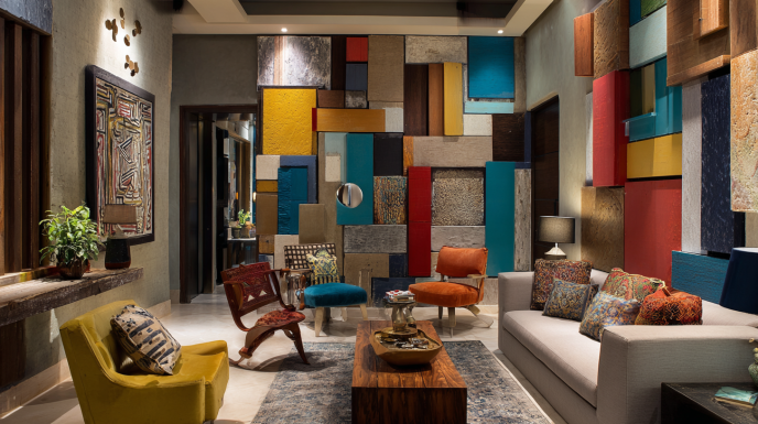 Bold Eclectic Wall Panel Design with Textured Color Blocks