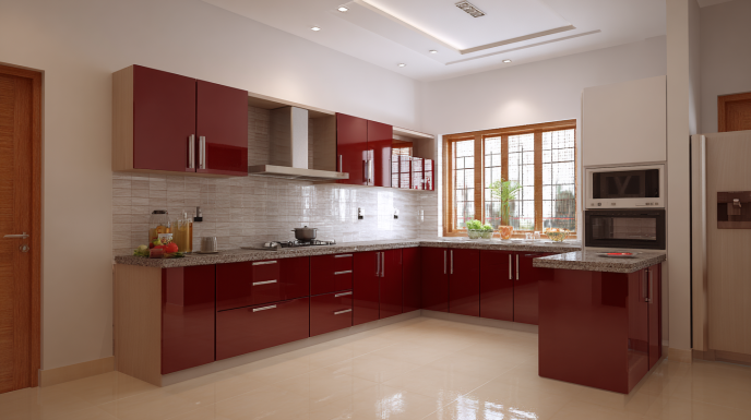 Bold High-Gloss Maroon Kitchen Design with Modular Cabinets