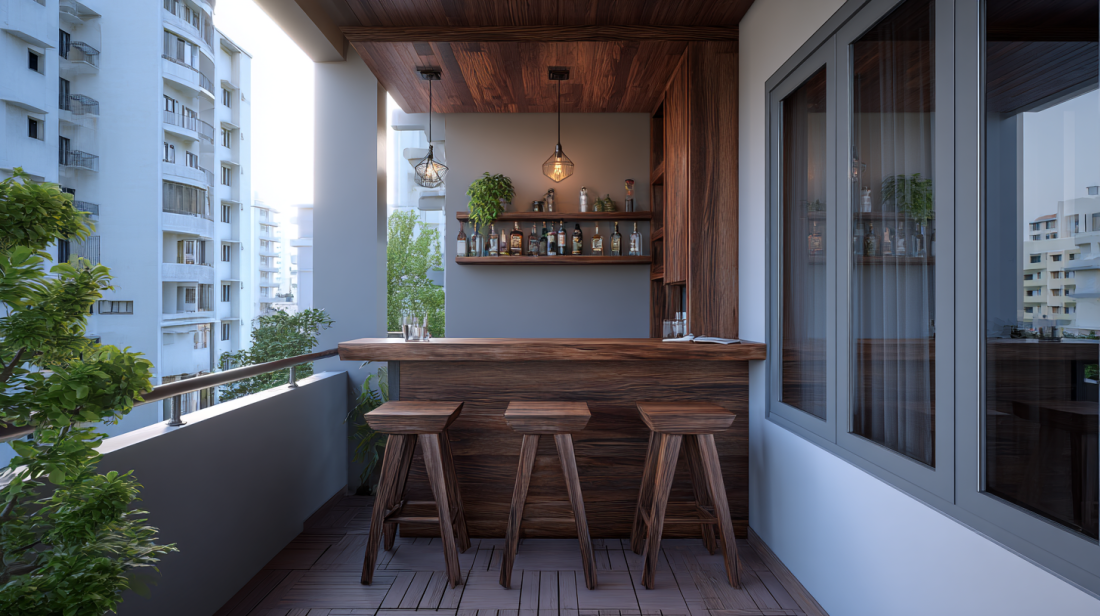 Compact Covered Balcony Bar Setup for Apartments