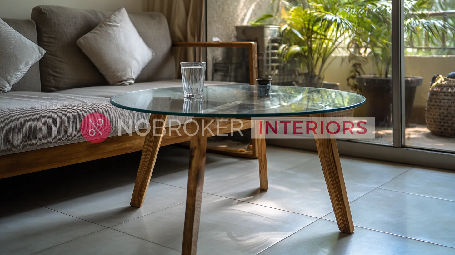 Compact Round Glass Coffee Table with Solid Wood Tripod Base