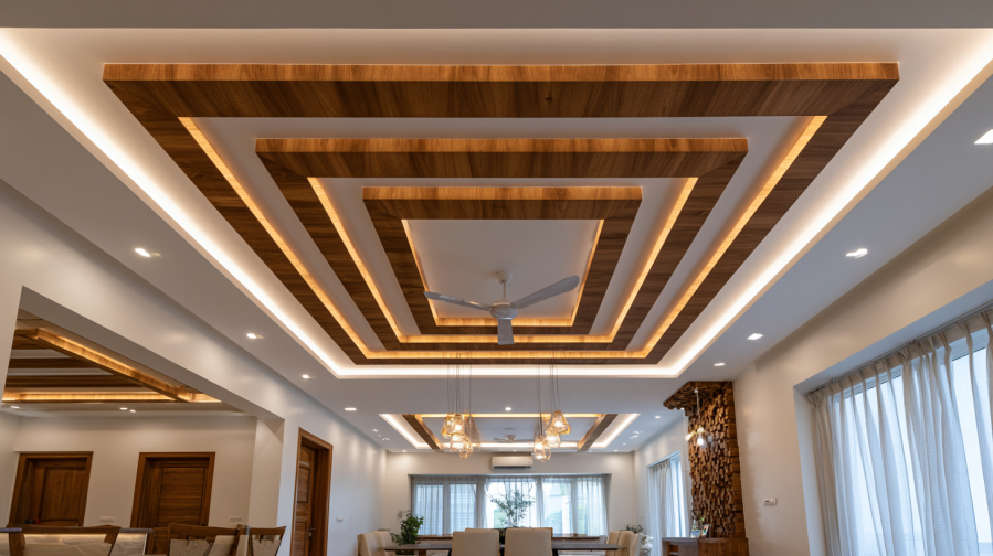 Concentric Rectangular Wooden False Ceiling with Ceiling Fan