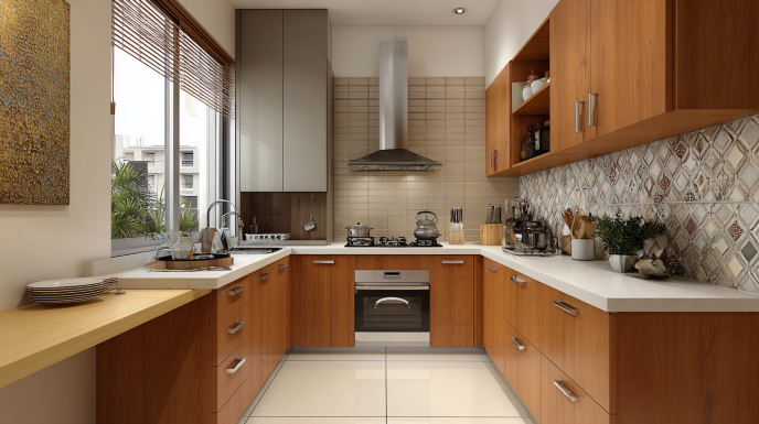 Indian Fusion U-Shaped Kitchen with Wooden Finish
