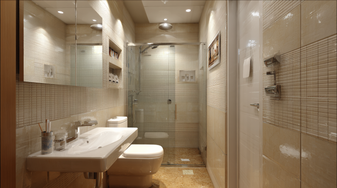 Cozy Warm Compact Bathroom with Functional Layout