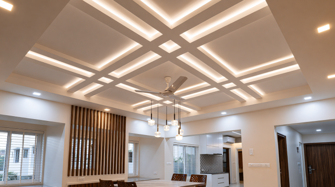 Cross Grid False Ceiling Design with Hanging Lights