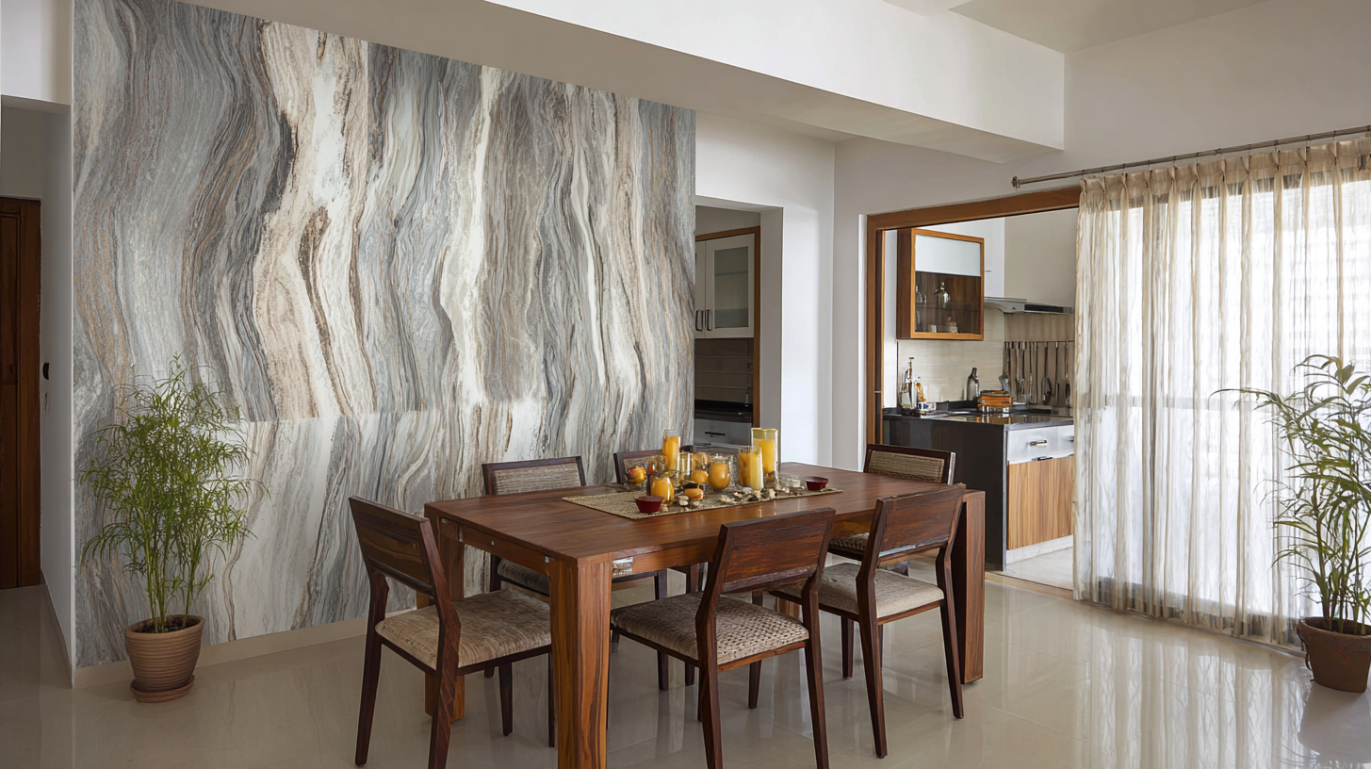 Dining Area with Marble Texture Pattern Wallpaper