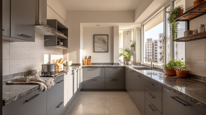 Dramatic Charcoal Grey U-Shaped Kitchen Layout