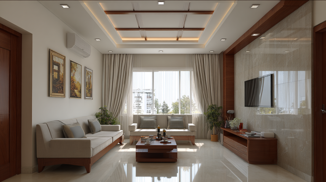 Dual-Material Split Level False Ceiling for Living Room