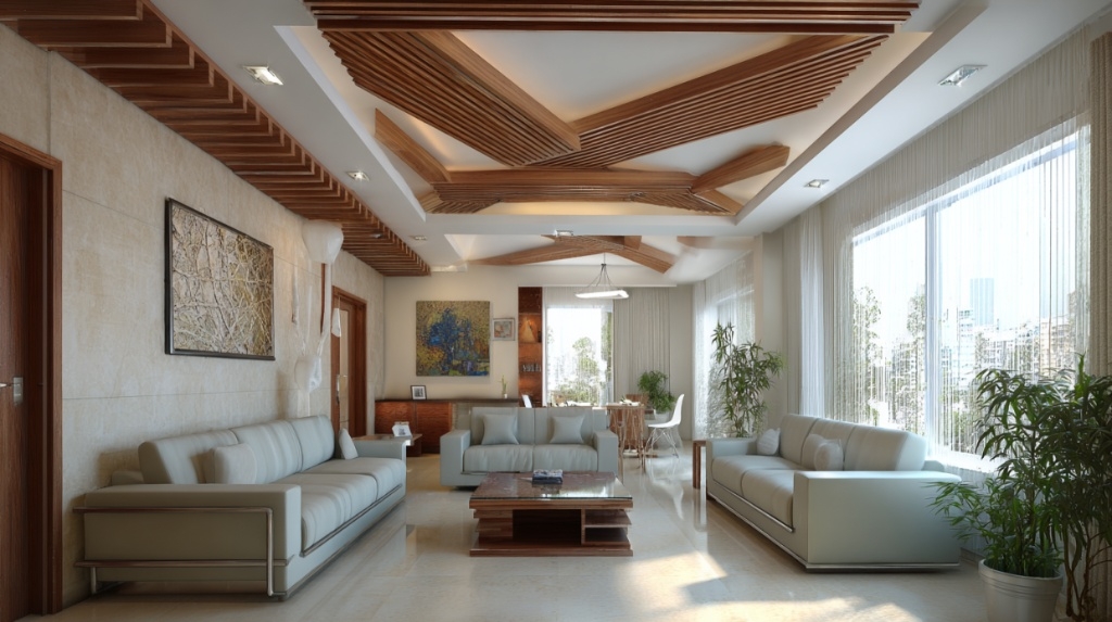 Indian Contemporary Living Room with Statement Wooden Ceiling