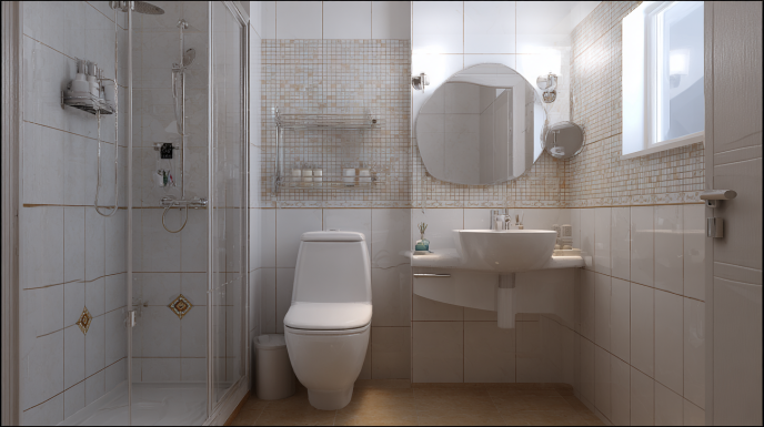 Eclectic Modern Compact Bathroom with Patterned Tile and Reflective Ceiling