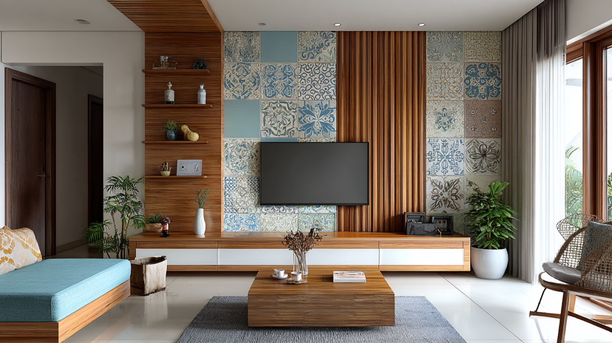  Eclectic TV Wall Panel Design with Patterned Tiles 