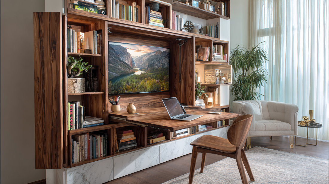 Executive Retractable Desk Integrated into TV Wall Unit