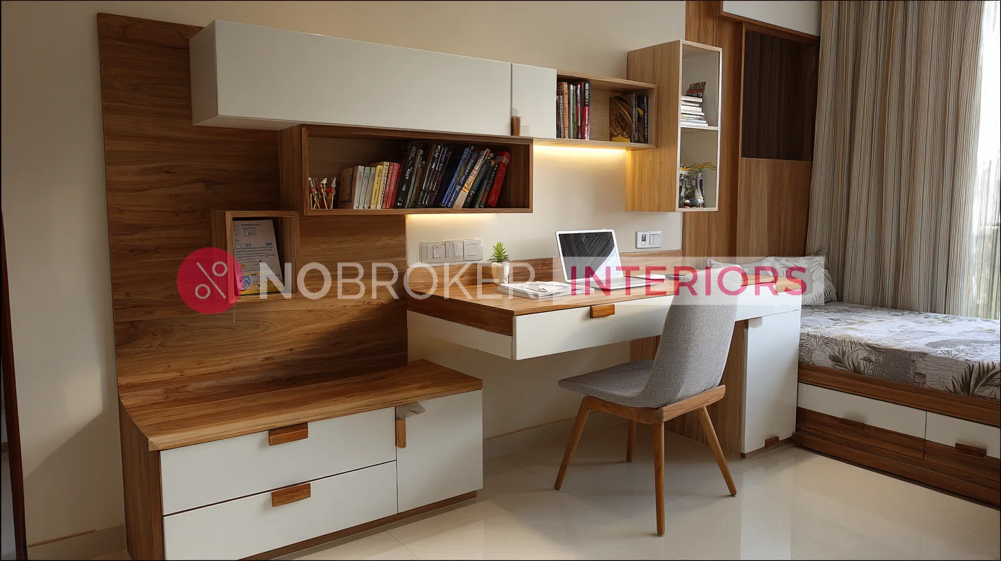 Floating Study Table Design with Wall Mounted Storage Cabinets