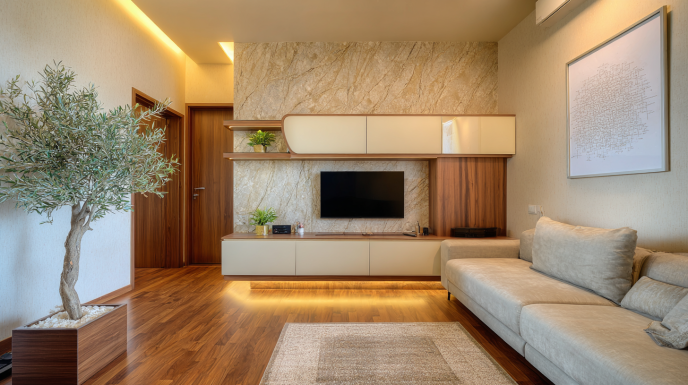 Floating TV Unit Design with Stone Textured Panel