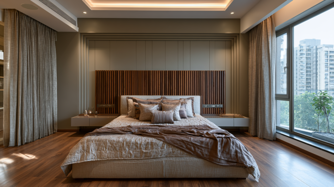 Fluted Wooden Panel Headboard with Recessed Ceiling