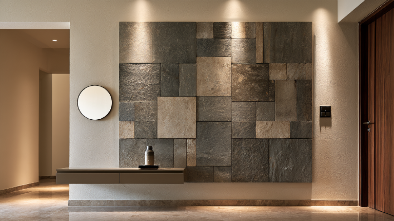Foyer Accent Wall Panel Design with Geometric Slate Stone