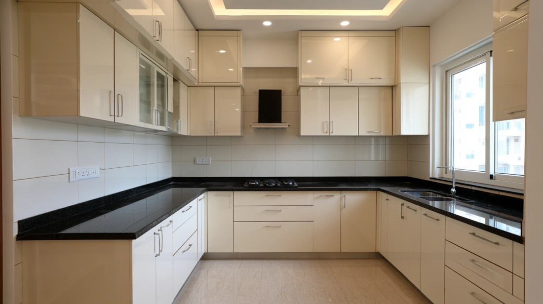 Glossy Cream U-Shaped Kitchen with False Ceiling
