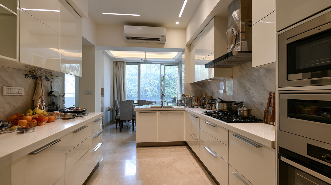Glossy White Parallel Kitchen with Marble Pattern Wall
