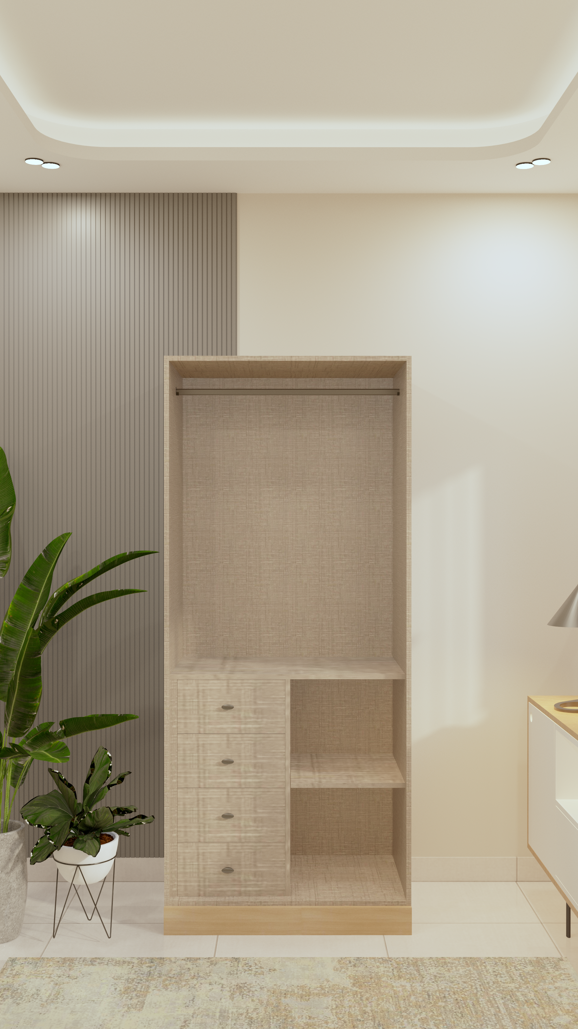 Serene Scandinavian Corner with Textured Wood and Fluted Wall