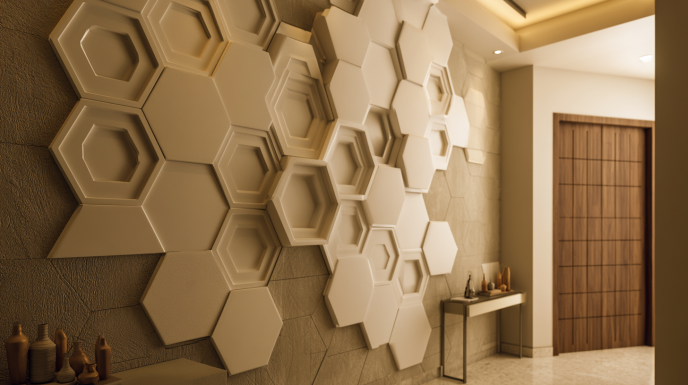 Hexagonal 3D Wall Panel Design in Corridor Space