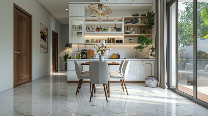 High-Gloss White Modular Kitchen with Open Pantry Shelves