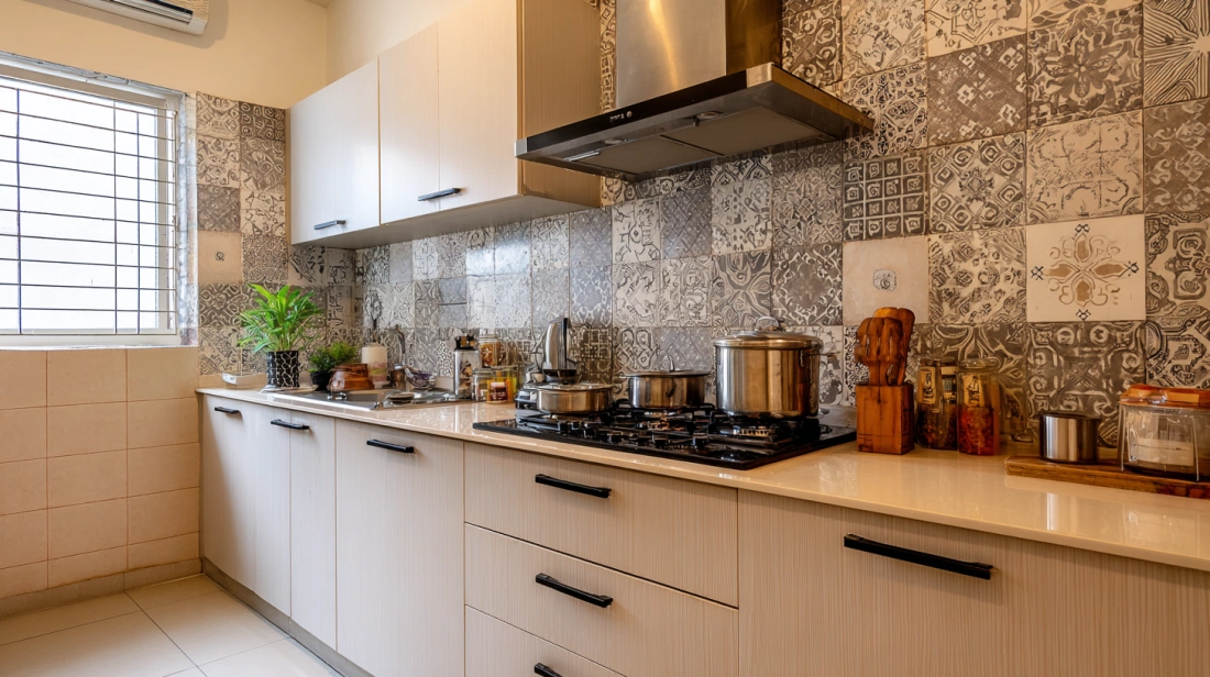Kitchen Wall Design with Grey Patterned Backsplash Tiles
