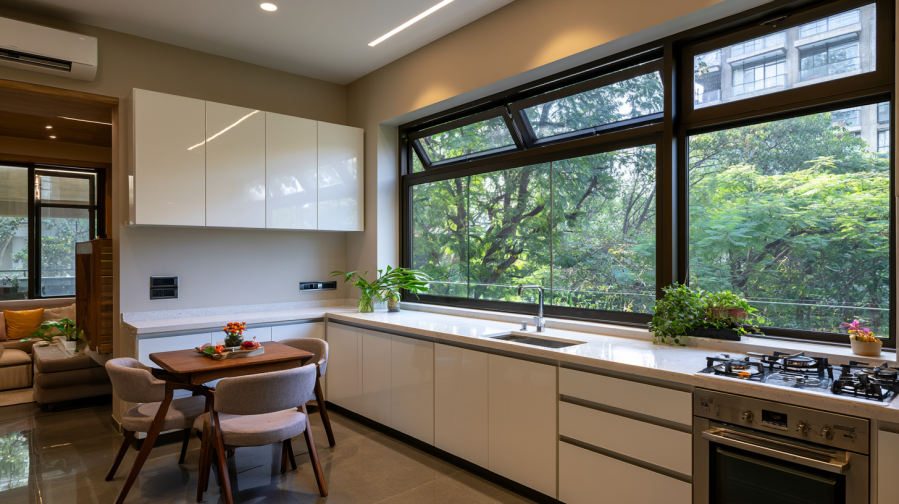 Kitchen Window Design with Dark Aluminium Frames