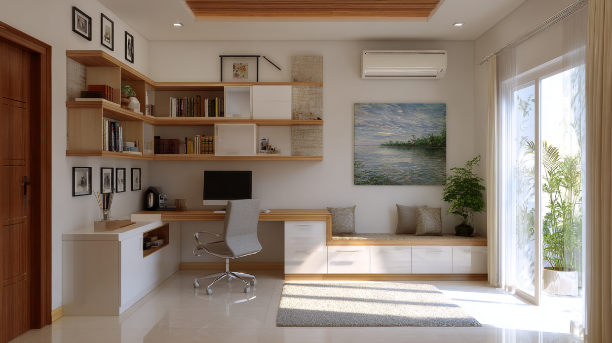L-Shaped Study Table Design with Integrated Seating