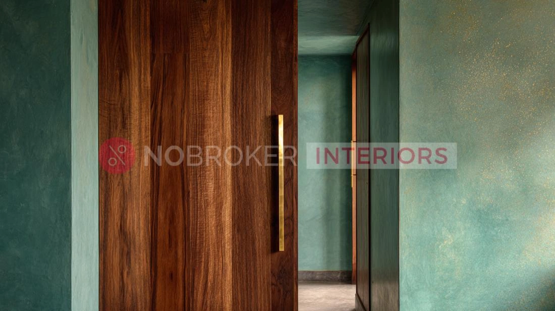 Large Solid Wood Sliding Door with Brass Pull Handle