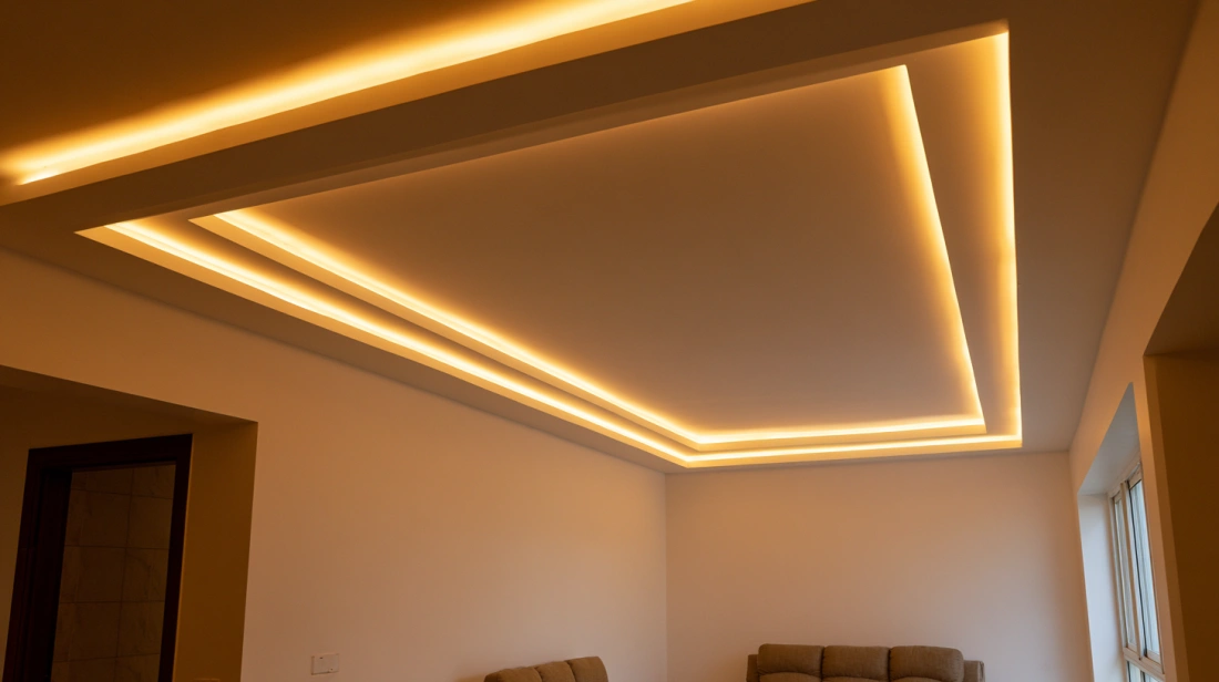 Layered Double Step False Ceiling with Amber LED Strips