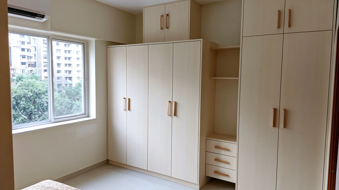 Light Beige Laminate Wardrobe with Open Shelving