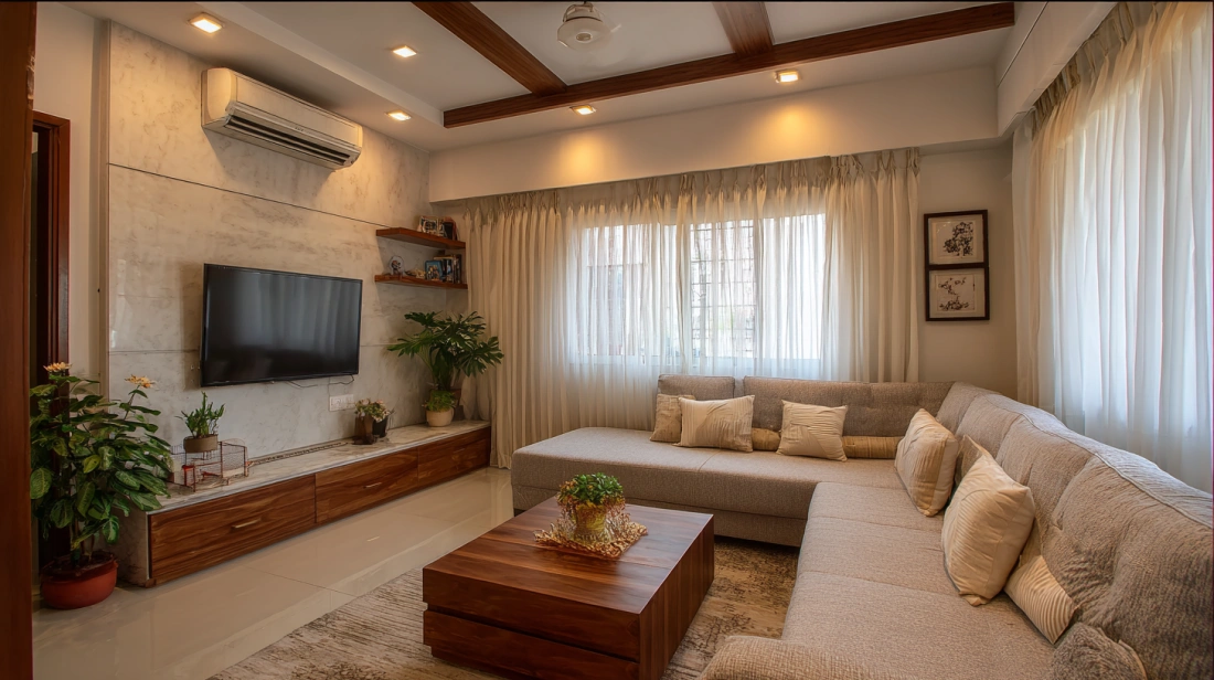 Light Marble Pattern TV Wall Panel with Wooden Console Unit