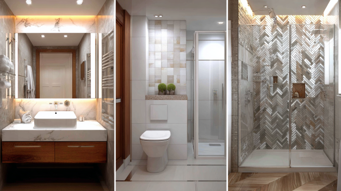 Luxury Compact Bathroom with Herringbone Tile Shower