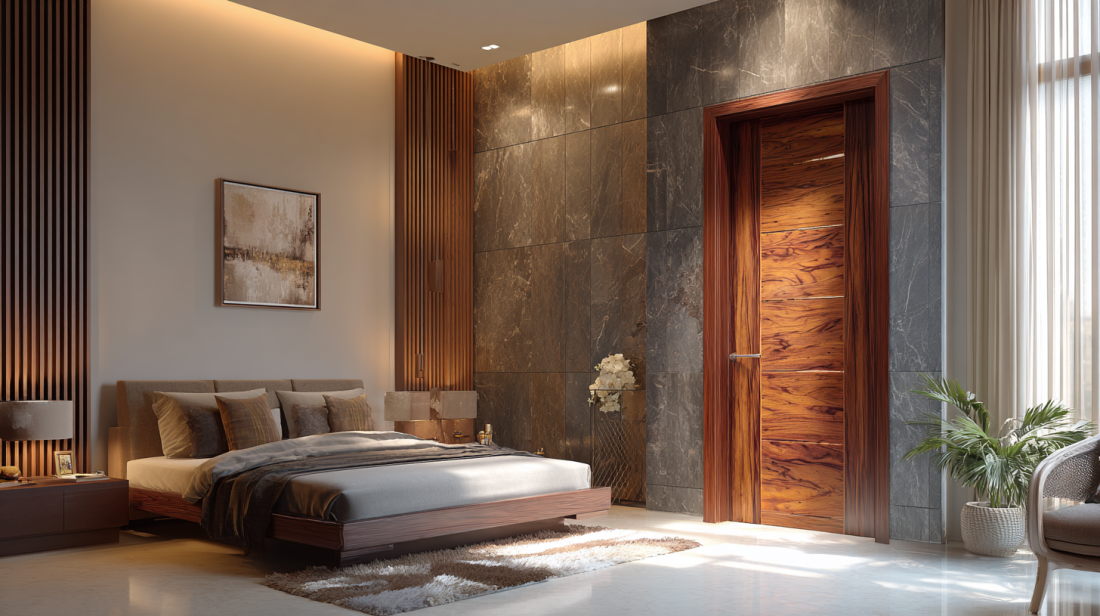 Luxury Exotic Wood Bedroom Door with Stone Feature Wall