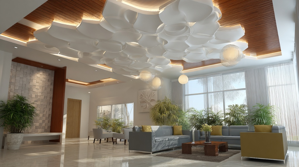 Luxurious Living Room with Sculptural Ceiling and Nature-Inspired Decor