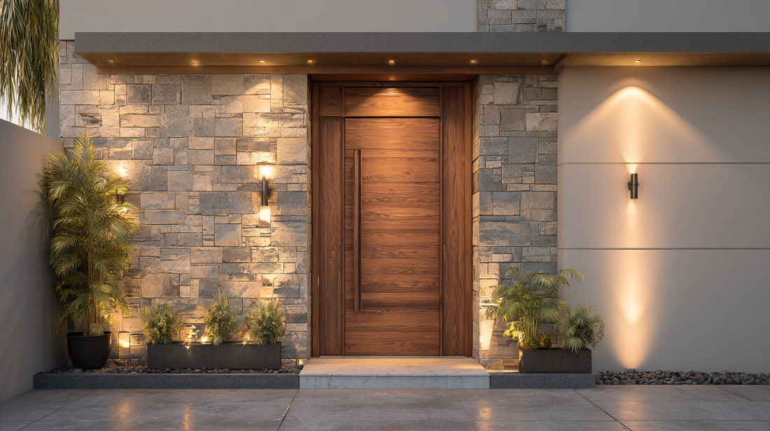 Luxury Teak Main Door Design with Stone Wall Cladding