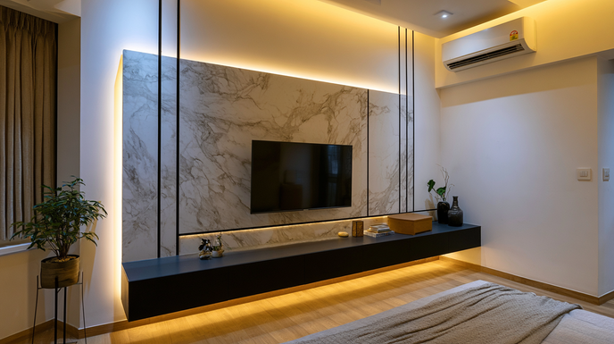 Marble Pattern Wall Panel TV Unit with Matte Console