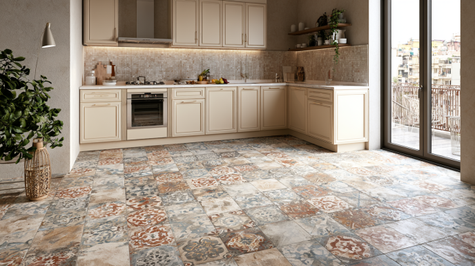 Matte Light Grey Kitchen Floor Tile Design