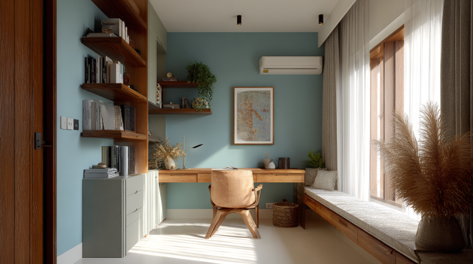 Mid Century Modern Study with Teal Wall & Window Bench