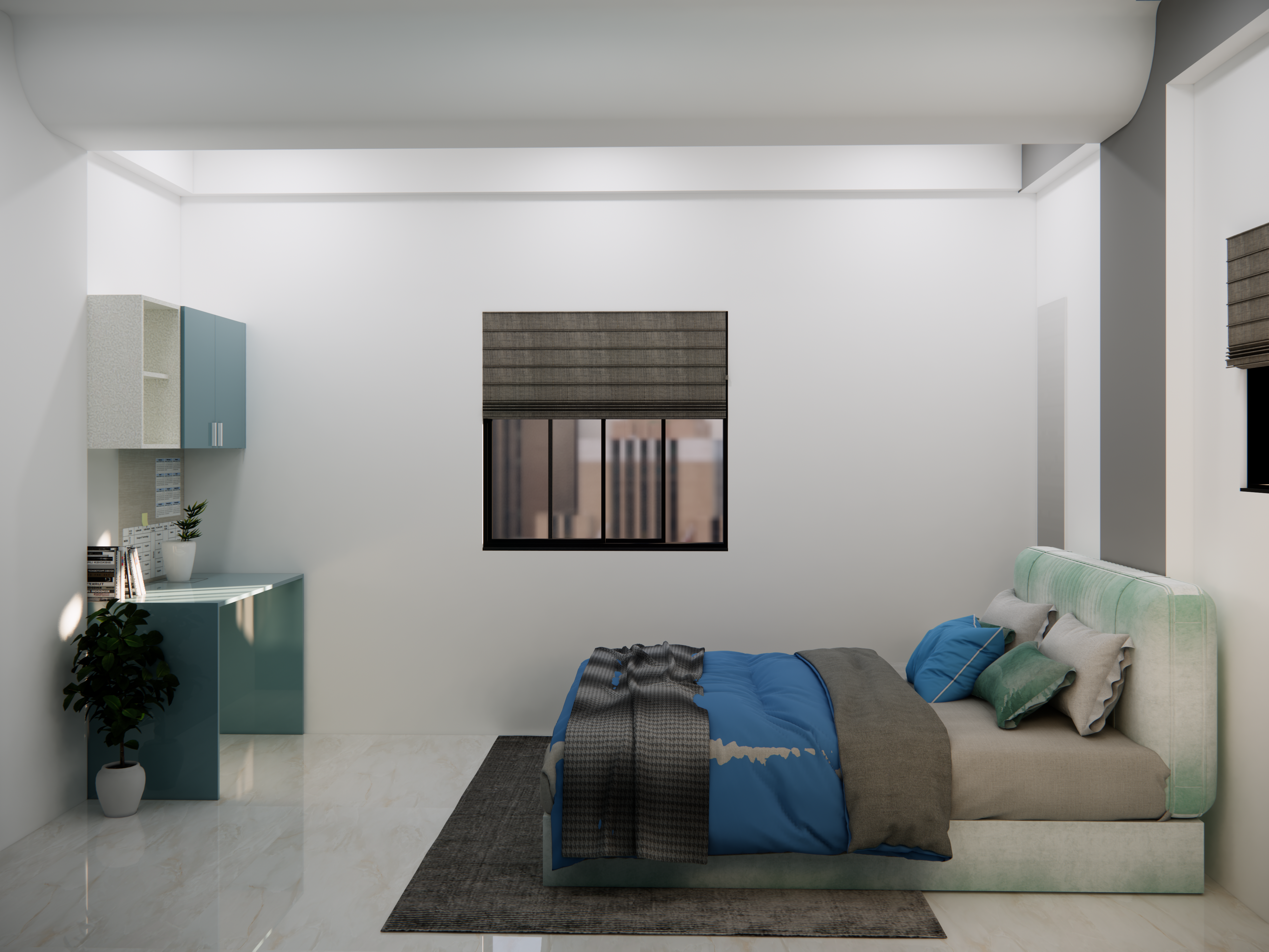 Minimalist Bedroom with Integrated Teal Study Nook