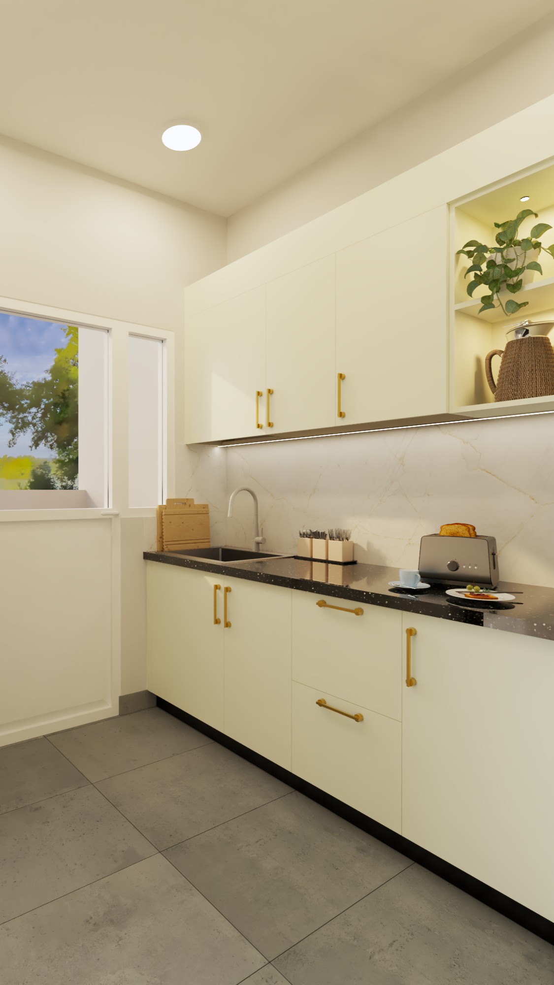 Warm Modern Kitchen with Gold Hardware and Marble Backsplash