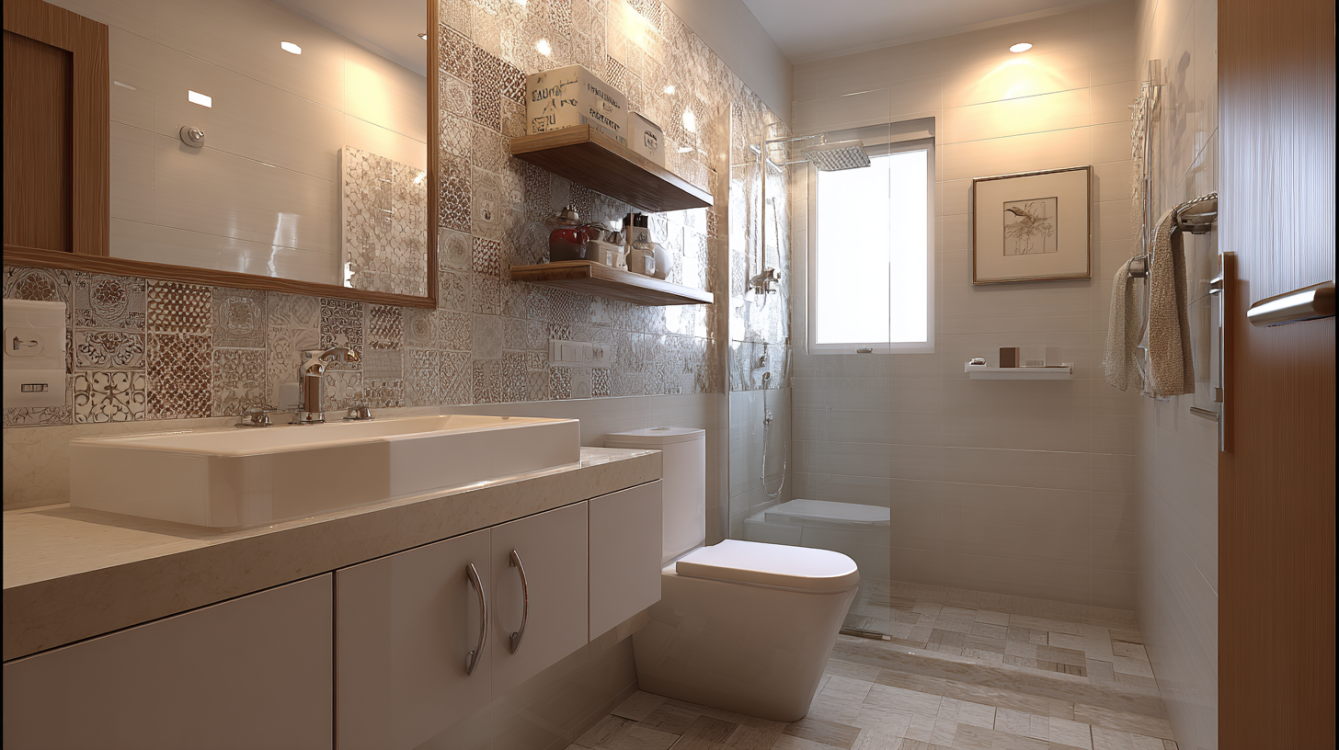 Modern Compact Bathroom Vanity & Patterned Tile Design