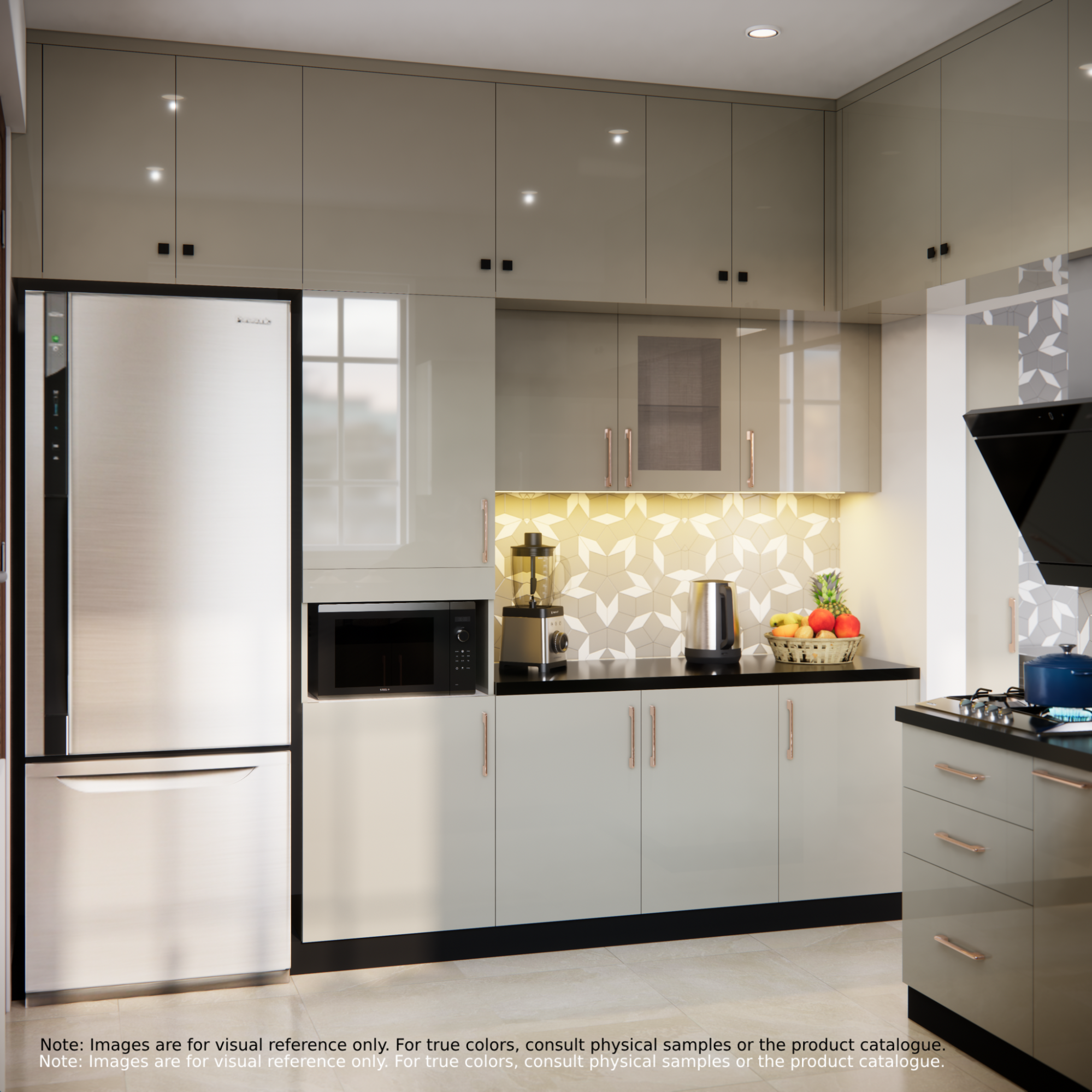 Modern High-Gloss Modular Kitchen with Patterned Backsplash